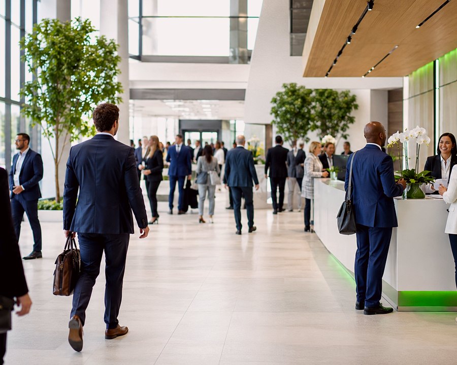Business visitors networking in a modern event lobby