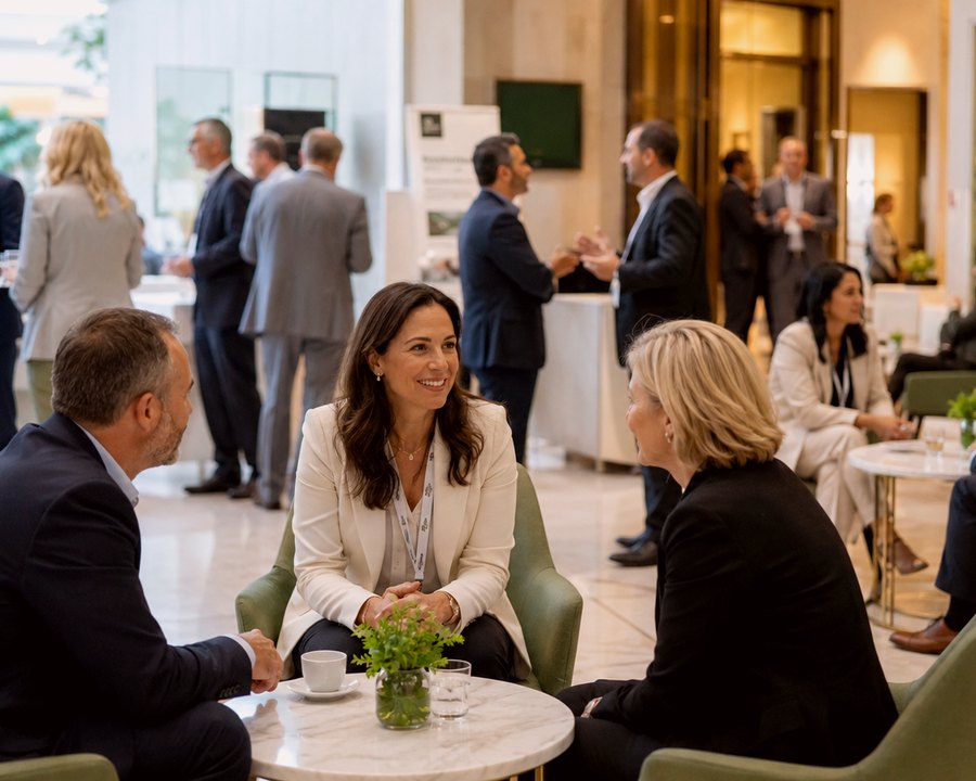 Professionals discussing event needs in a business lounge